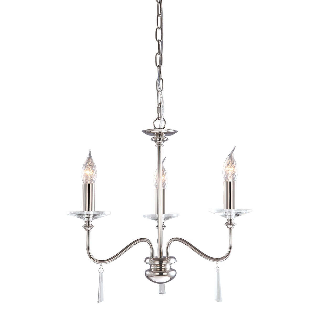 Lustre trois lumières vu de face, bras courbés en nickel poli et chaîne