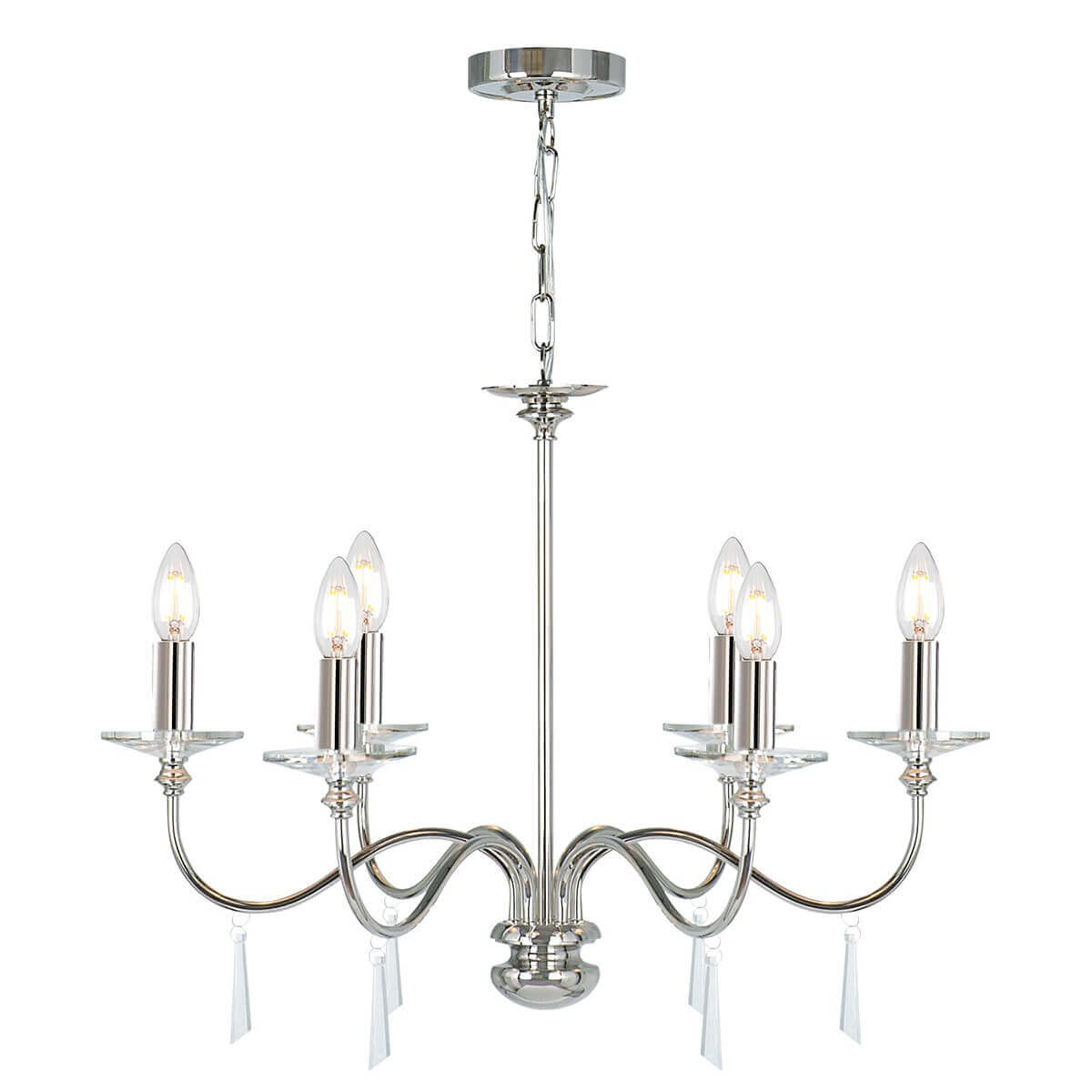 Lustre six lumières vu de face, bras recourbés en nickel poli et pampilles de verre
