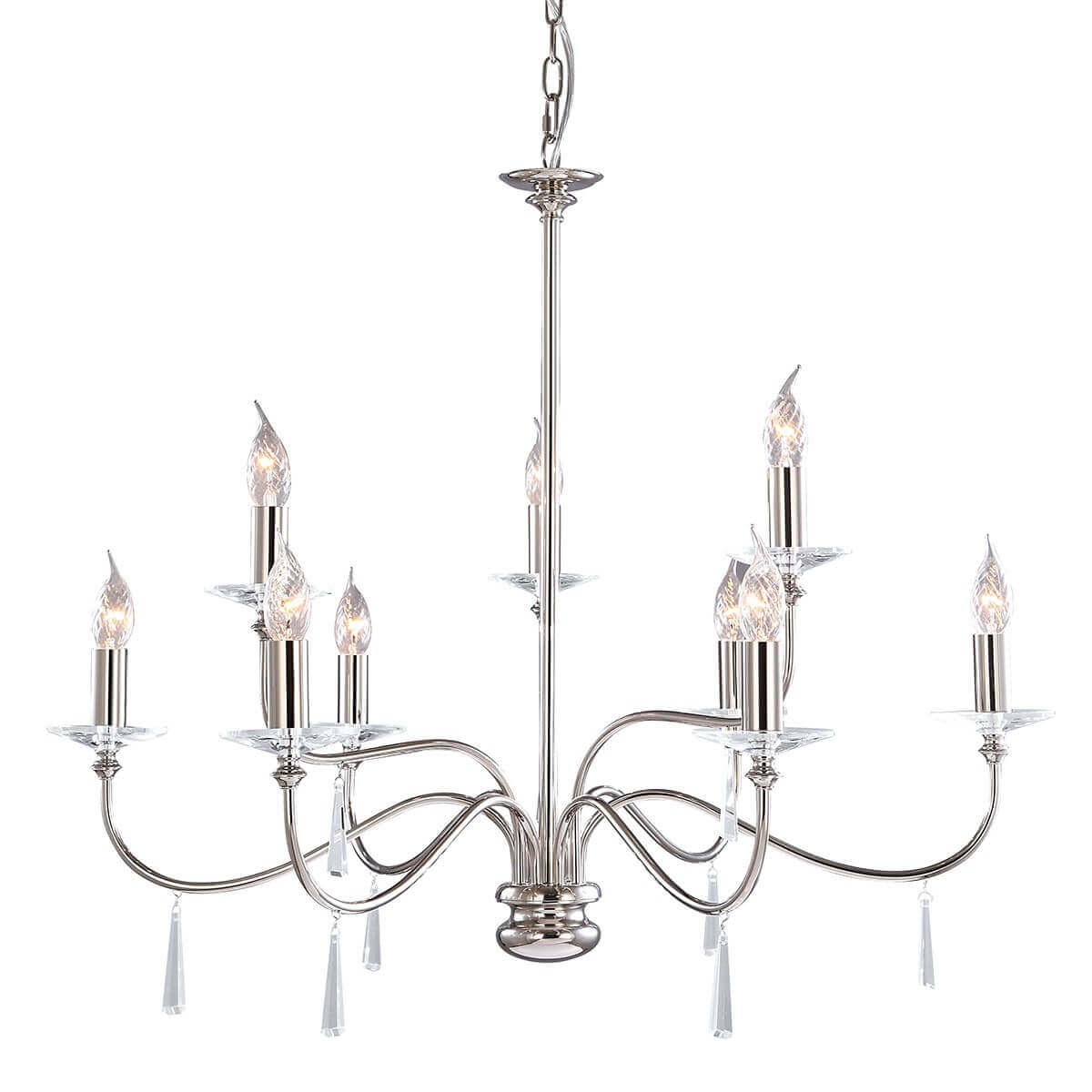Lustre à neuf lumières en nickel poli vu de face sur fond blanc.