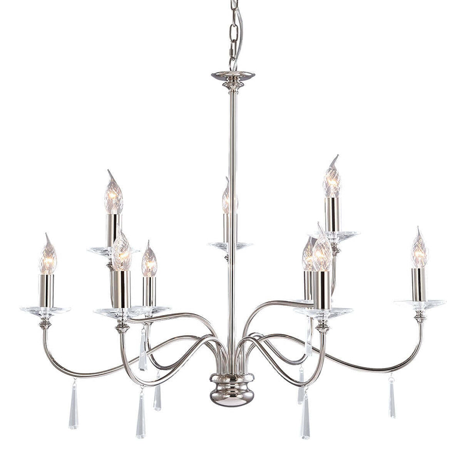 Lustre à neuf lumières en nickel poli vu de face sur fond blanc.