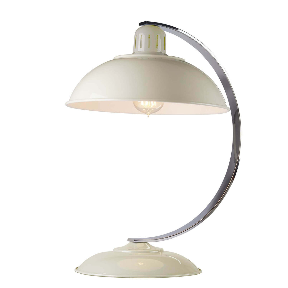 Lampe à poser blanche avec abat-jour en dôme et bras chromé recourbé, vue de face.