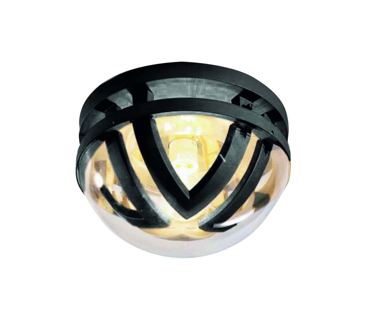 Vue de face sur fond blanc, applique ronde noire avec cage métallique et verre transparent.