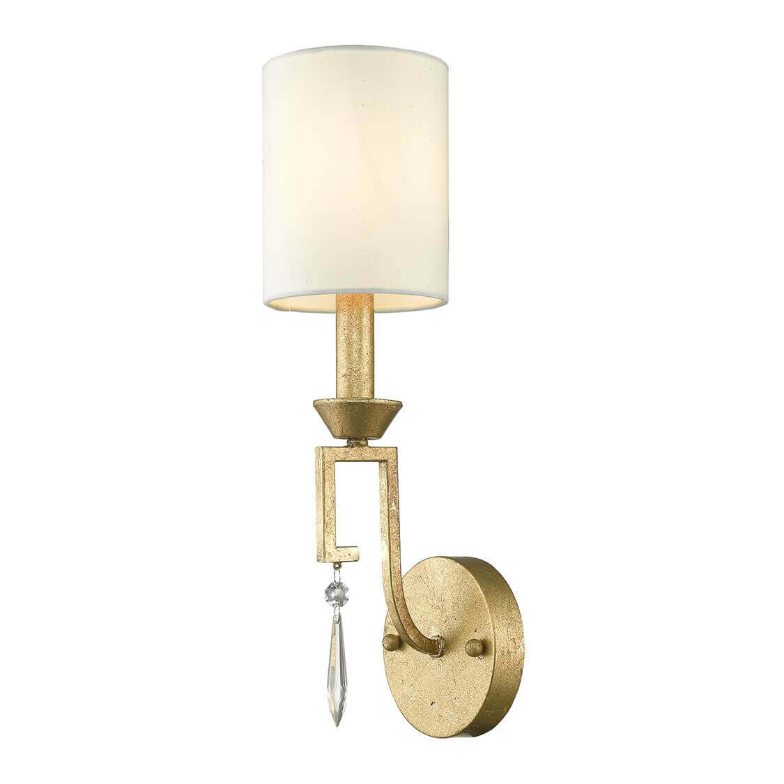 Applique murale dorée vue de face avec abat-jour cylindrique et pendentif cristal