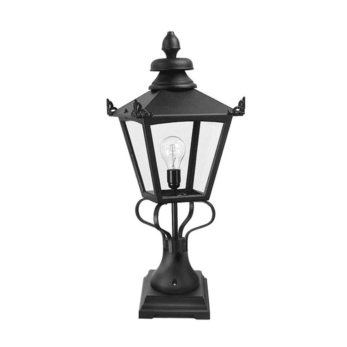 Lampadaire extérieur noir style lanterne avec verre transparent et ampoule visible.