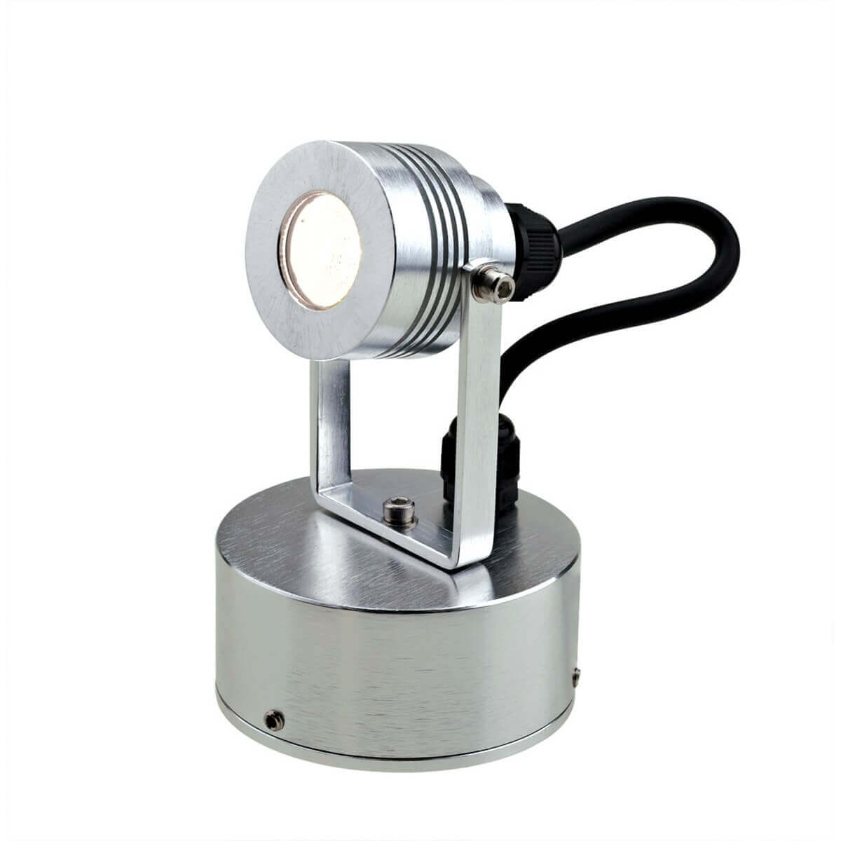 Vue de face d'un spot extérieur en aluminium avec support orientable sur fond blanc