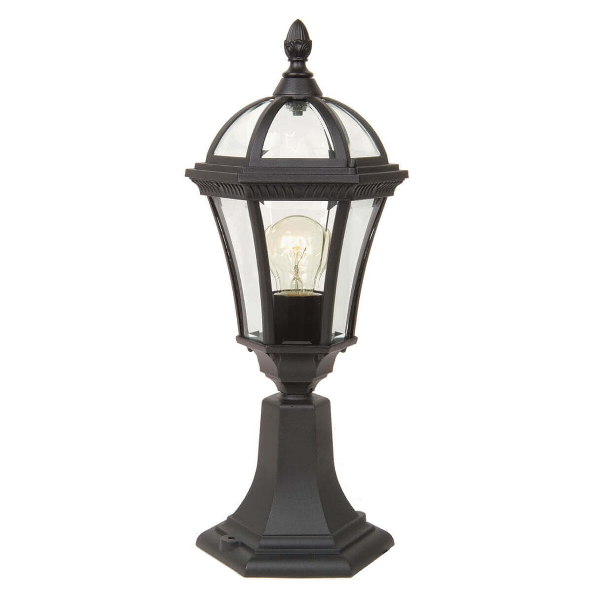 Lampadaire extérieur noir de face, lanterne vitrée sur socle octogonal