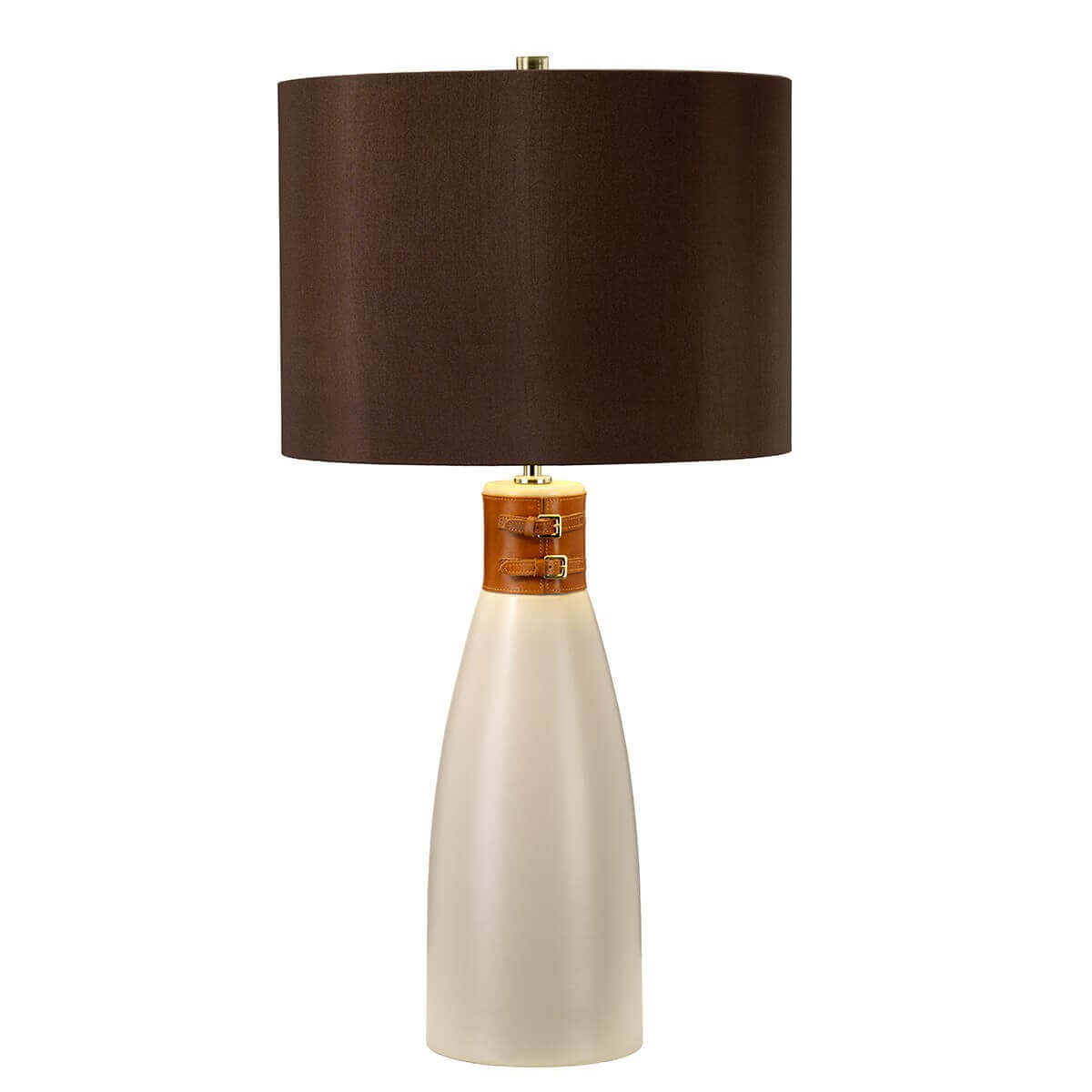 Lampe à poser de face, abat-jour tambour marron et base céramique crème