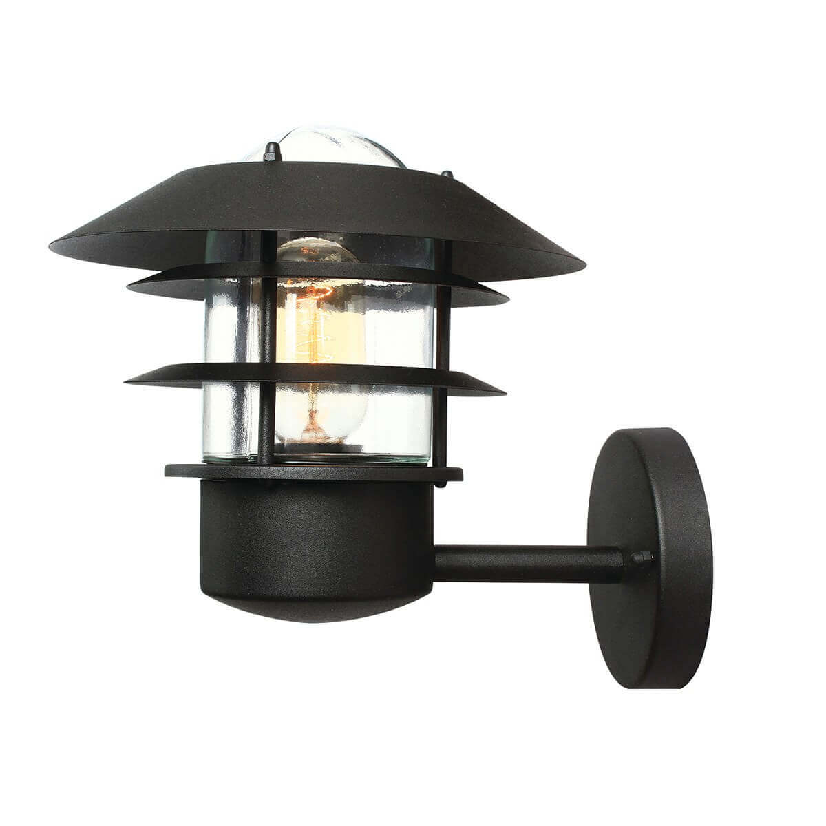 Applique murale extérieure noire de face, verre cylindrique et chapeau bombé en anneaux