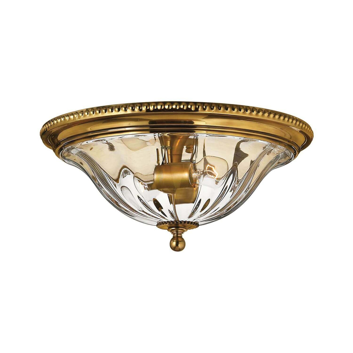 Plafonnier deux lumières vu de face, coupelle de verre transparent et cerclage en laiton doré