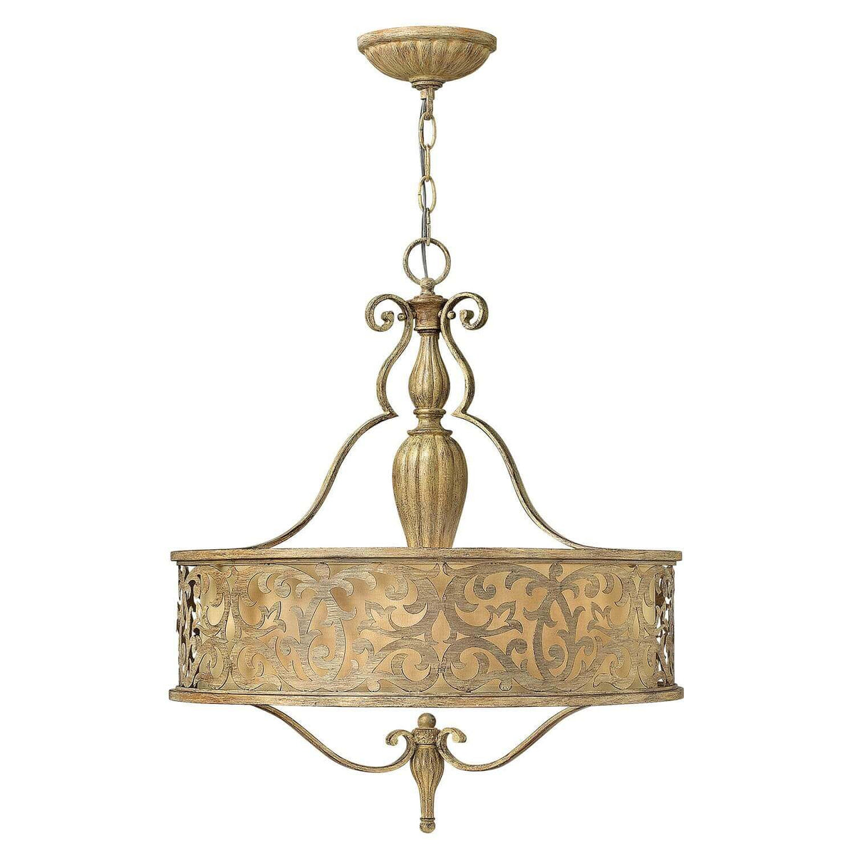 Lustre suspension doré avec abat-jour cylindrique ajouré et bras recourbés, vue de face.