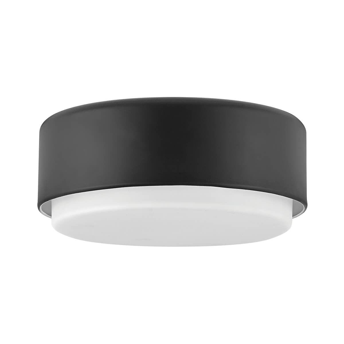 Plafonnier cylindrique noir mat avec diffuseur en verre opale, vue de face sur fond blanc