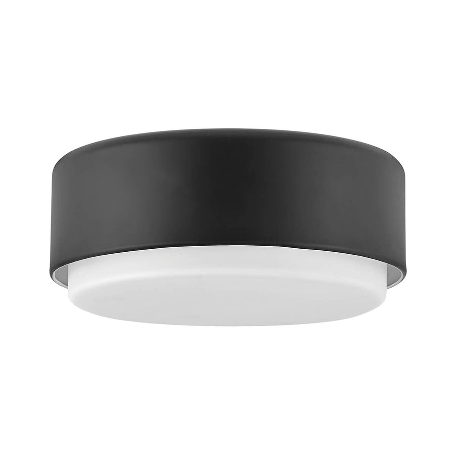Plafonnier cylindrique noir mat avec diffuseur en verre opale, vue de face sur fond blanc
