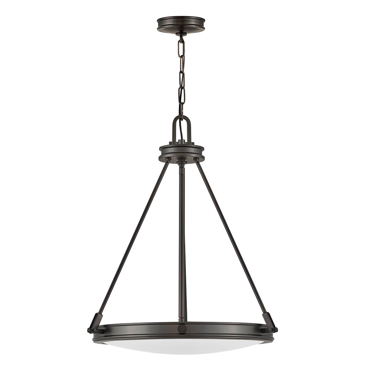 Vue de face du luminaire suspendu avec sa chaîne et son verre dépoli