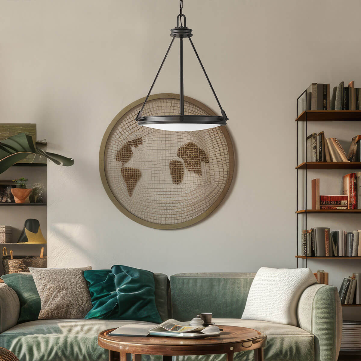 Mise en ambiance dans un salon avec canapé vert et bibliothèque
