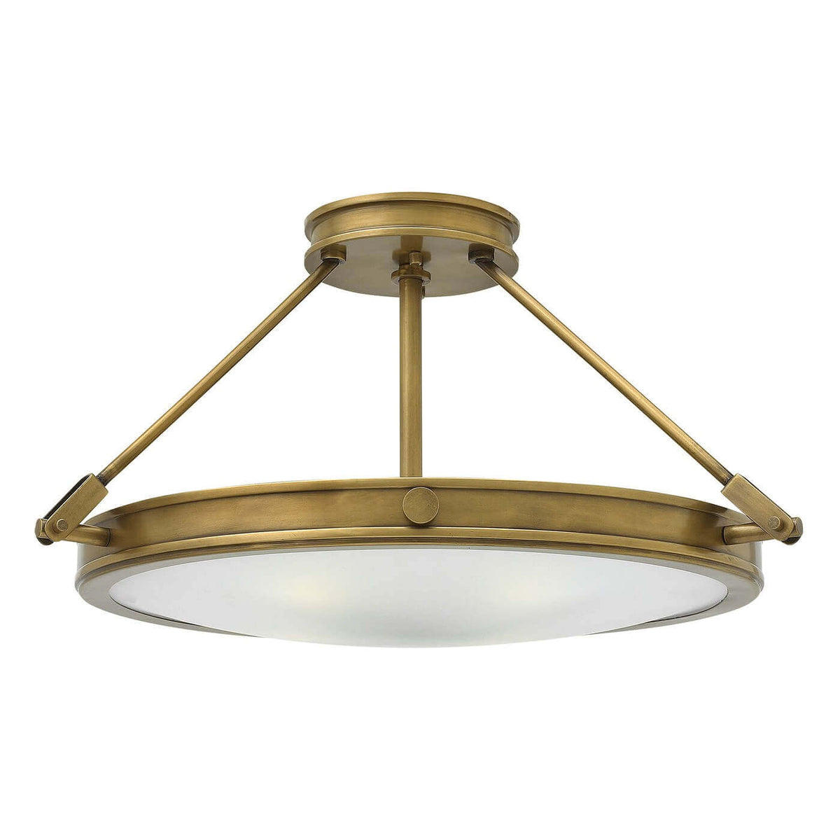 Plafonnier rond en laiton brossé avec diffuseur en verre blanc, vue de face sur fond blanc.