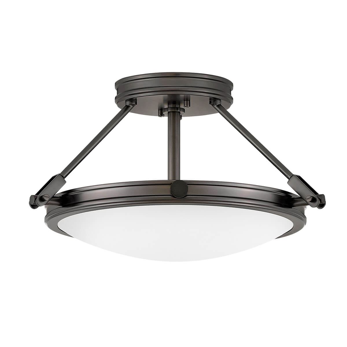 Vue de face du plafonnier circulaire noir avec diffuseur en verre blanc.
