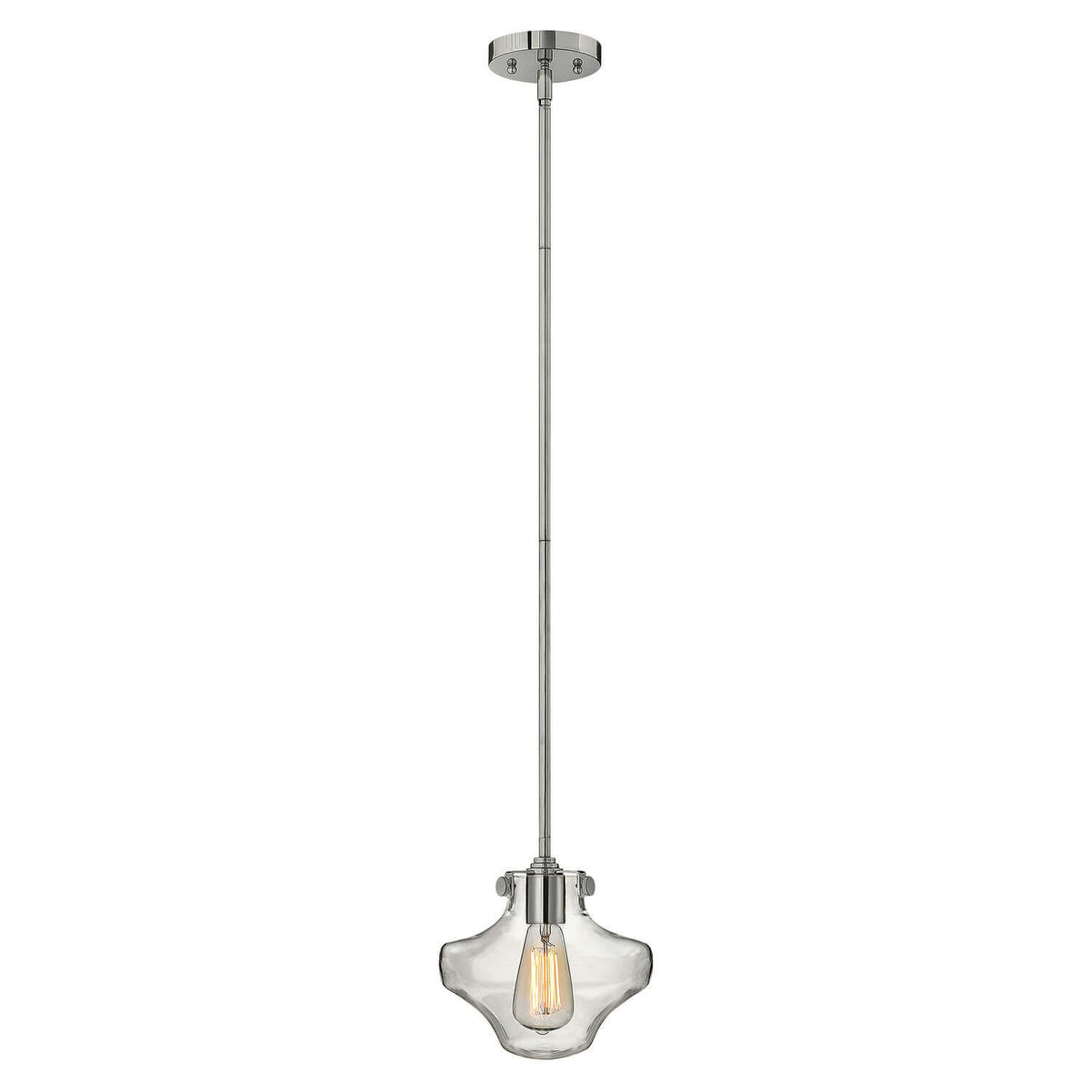 Suspension chromée avec abat-jour en verre clair et ampoule filament apparente, vue de face