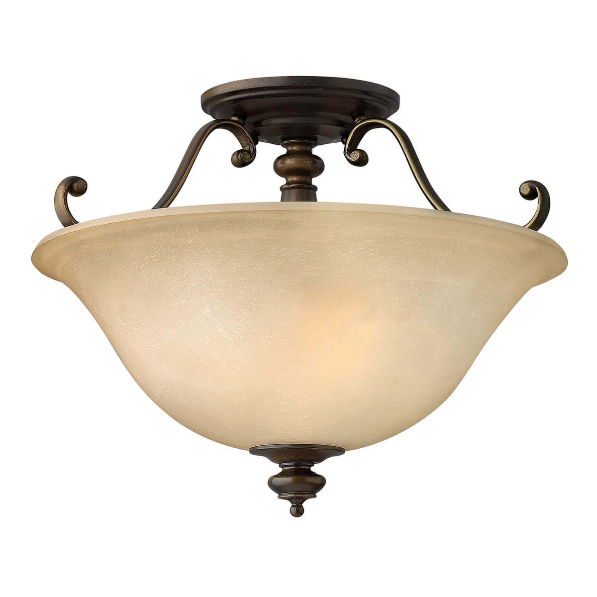 Plafonnier complet de face, verre ambré et structure métallique bronze à volutes
