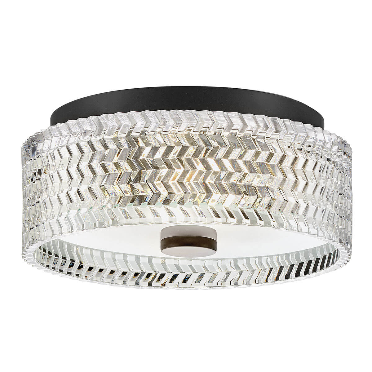 Plafonnier vu de face, verre transparent texturé et base ronde noire mate