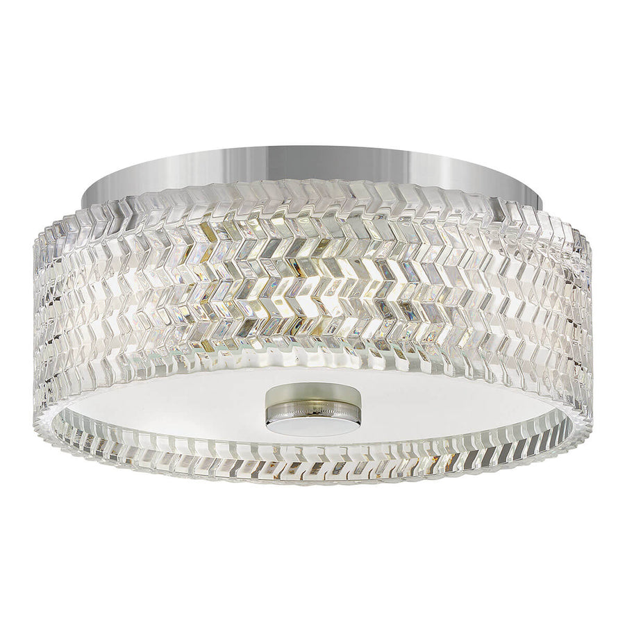 Plafonnier deux lumières vu de face, base chromée et abat-jour cylindrique en verre texturé