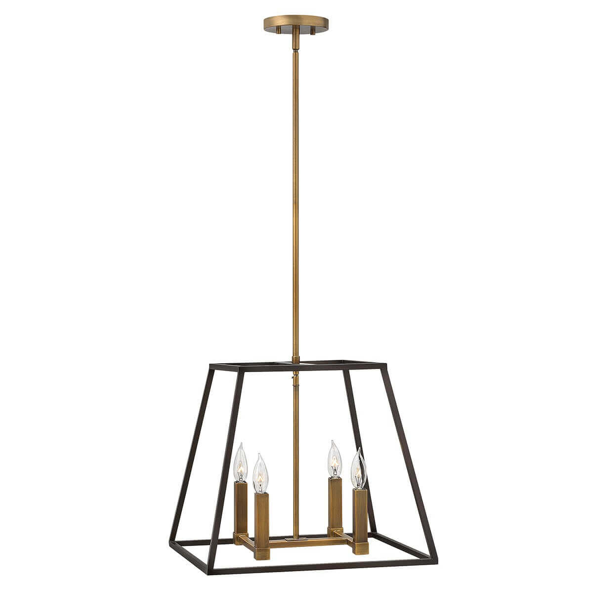 Vue de face du luminaire suspendu avec cadre noir et tige centrale bronze