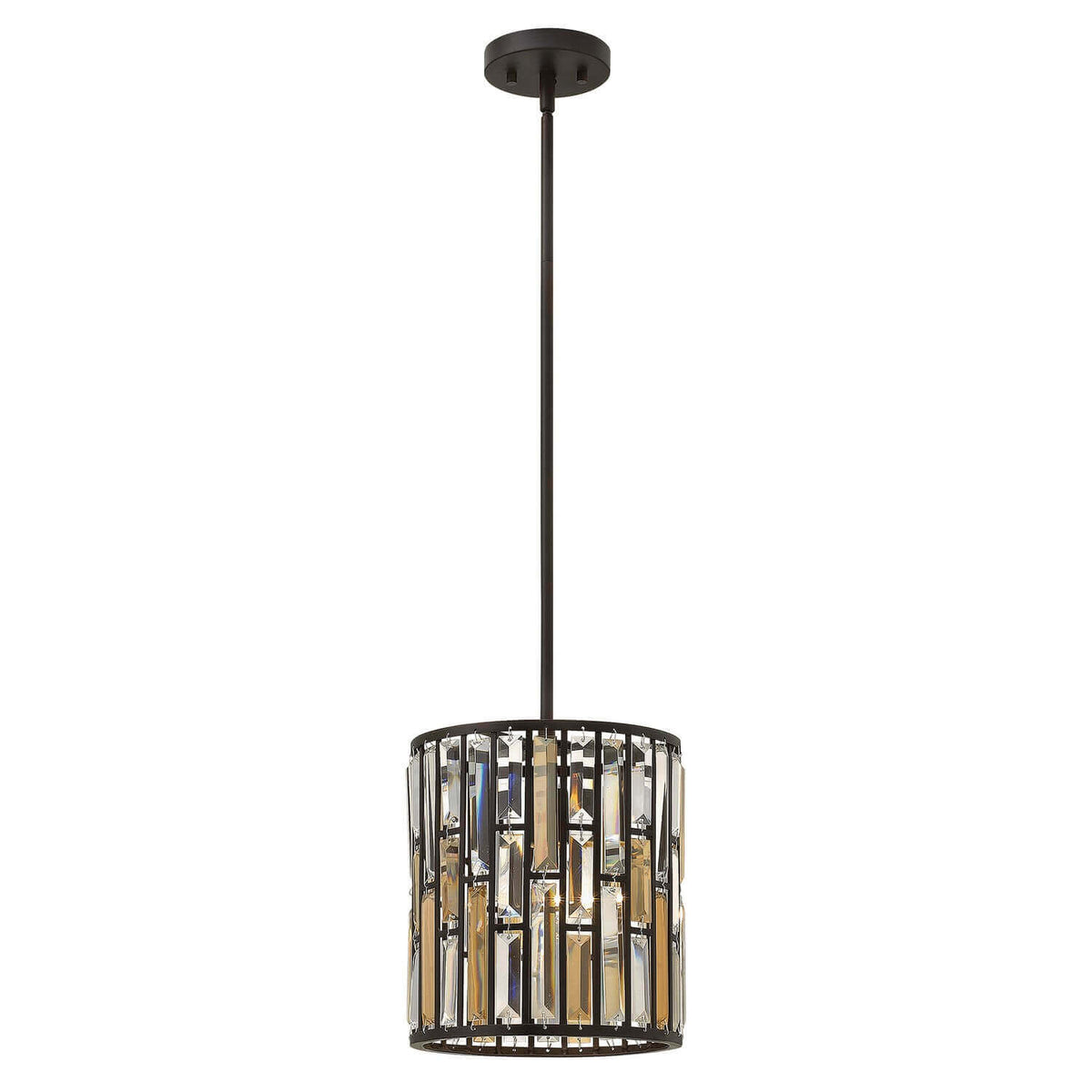 Suspension cylindrique en bronze avec cristaux rectangulaires facettés, vue de face sur fond blanc