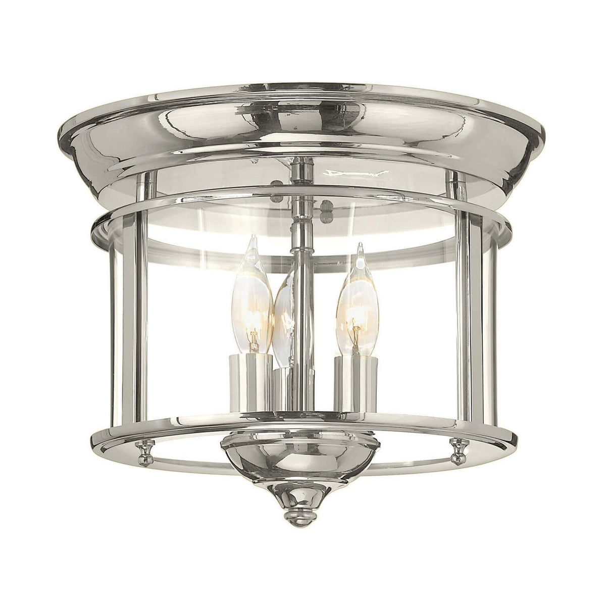 Plafonnier rond en nickel poli avec trois ampoules visibles sous verre transparent