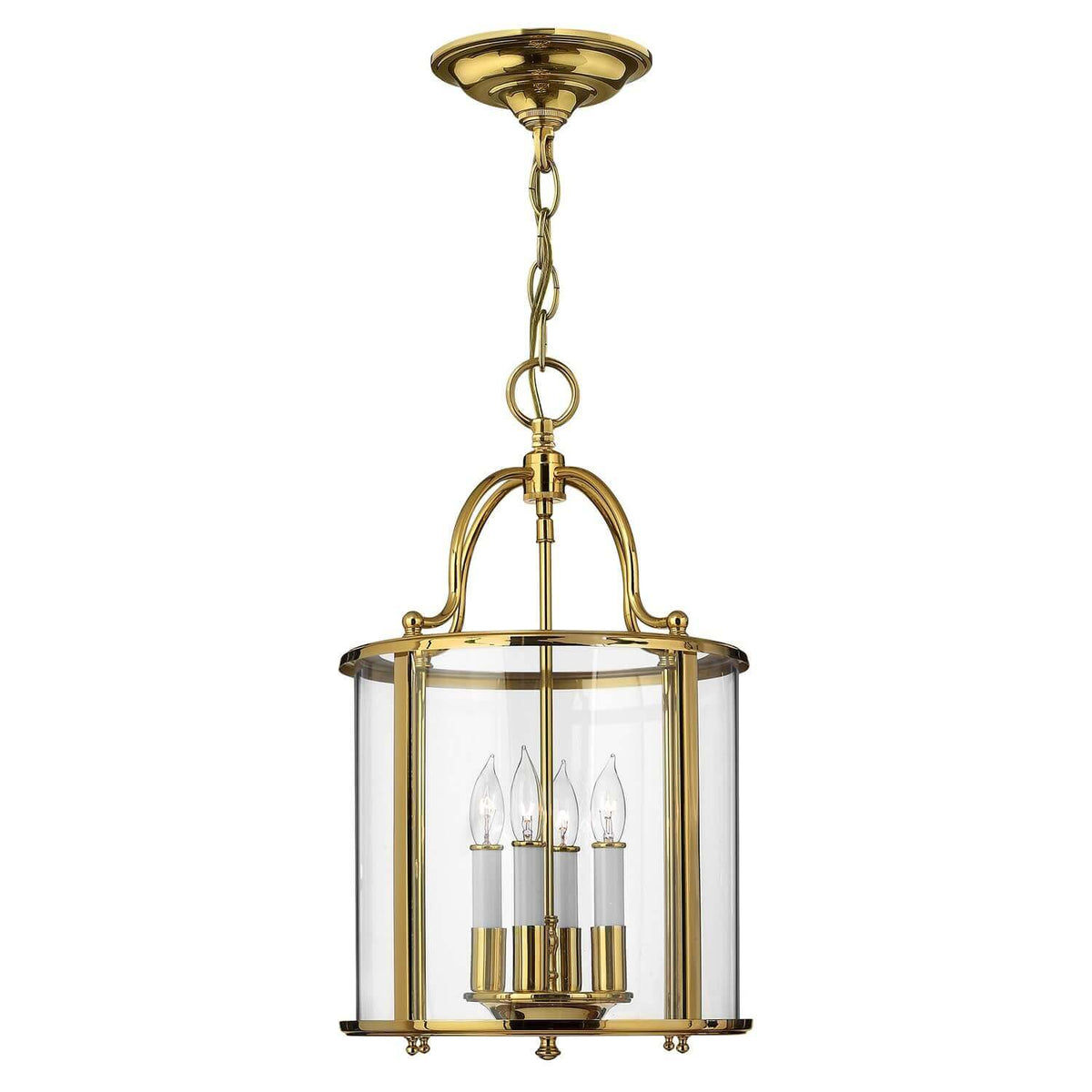 Suspension en laiton poli avec abat-jour cylindrique en verre et quatre ampoules.