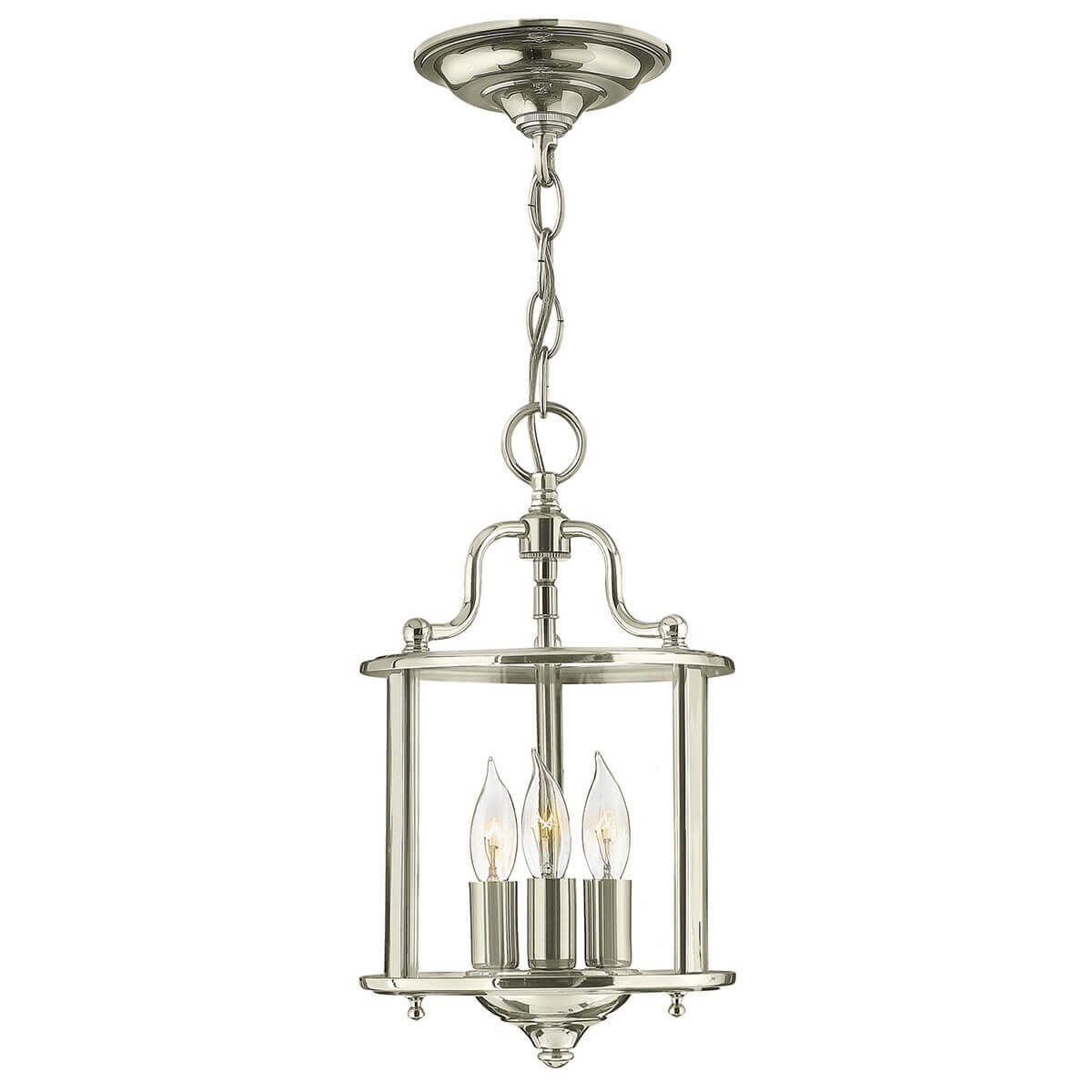 Vue de face du luminaire suspendu complet avec chaîne et trois ampoules bougies