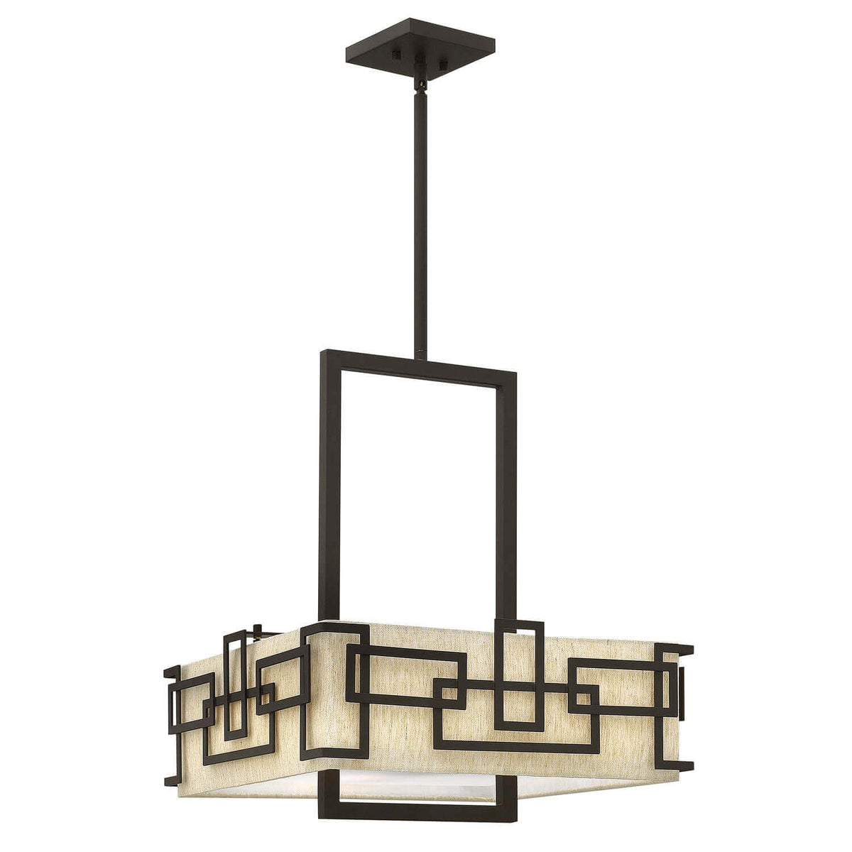 Suspension rectangulaire en tissu beige avec cadre métallique géométrique bronze, vue de face.