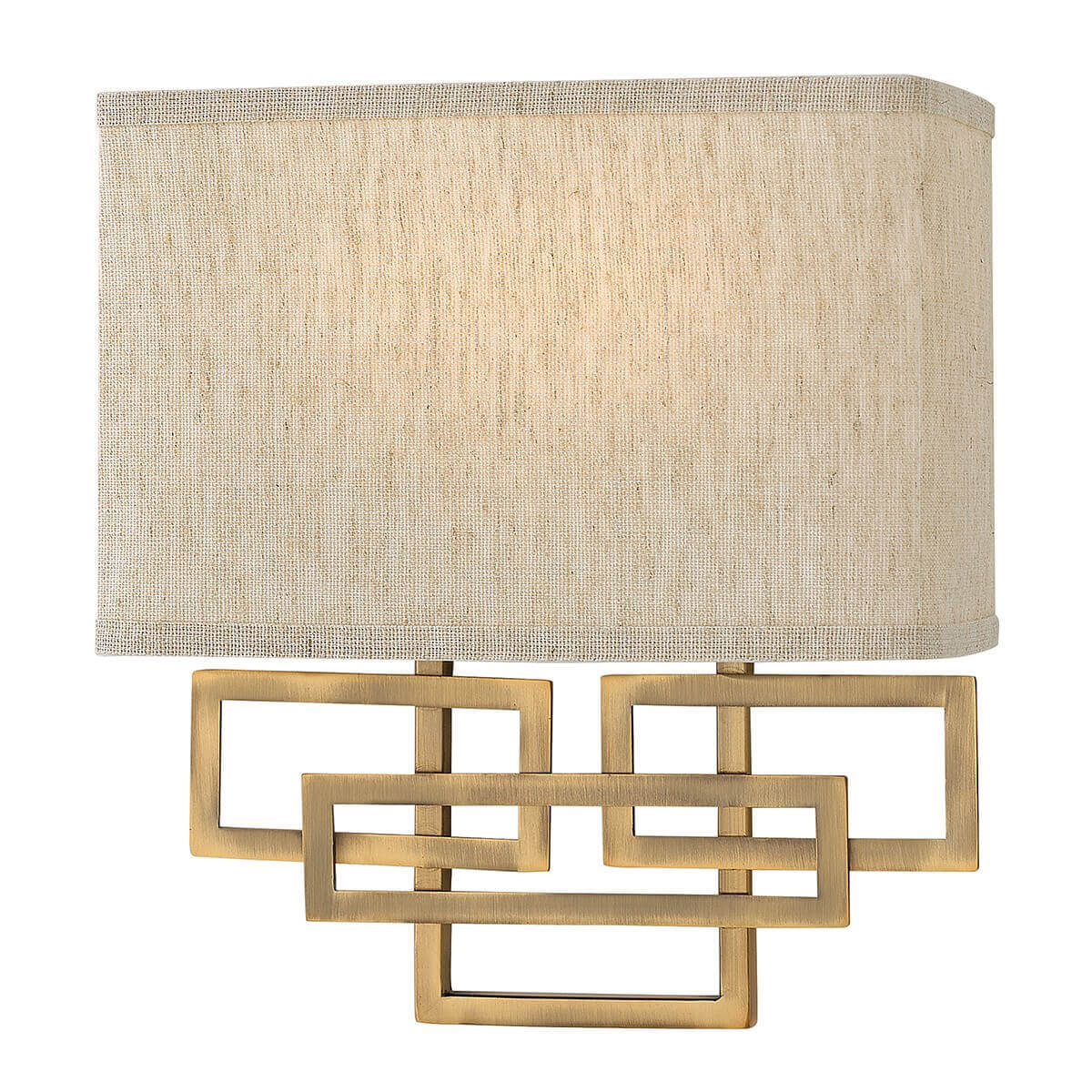 Vue de face de l'applique murale avec abat-jour rectangulaire en lin beige et base dorée