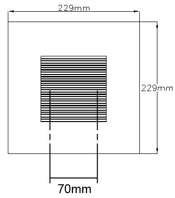 Schéma coté de l'applique carrée 229 mm par 229 mm, ouverture 70 mm.