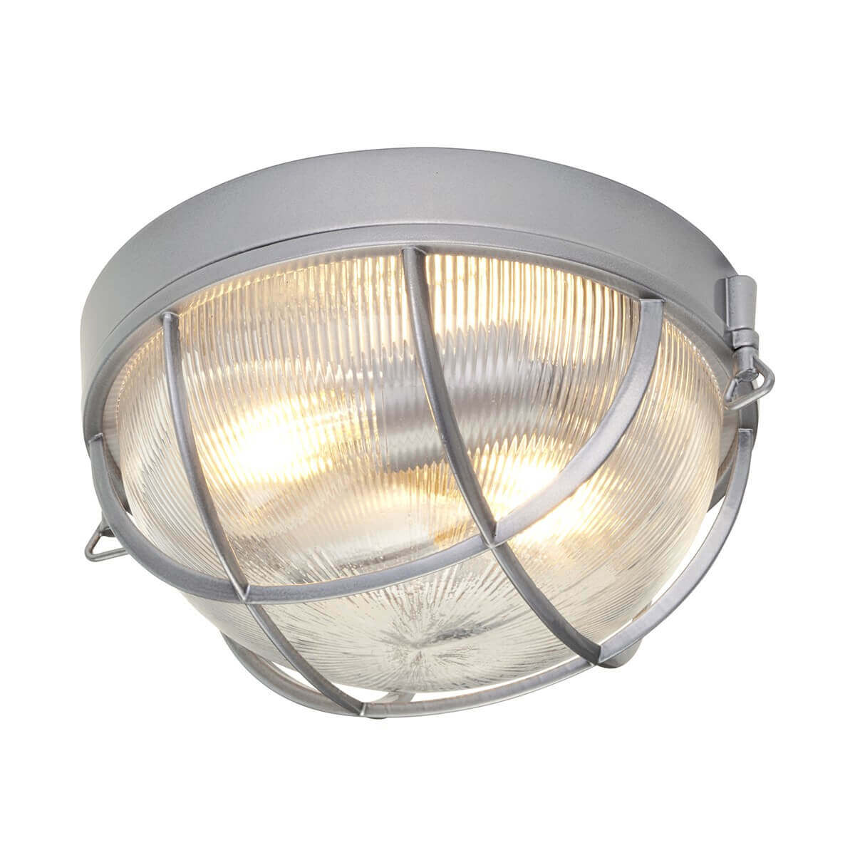 Vue de face du plafonnier rond argenté avec verre strié et grille de protection