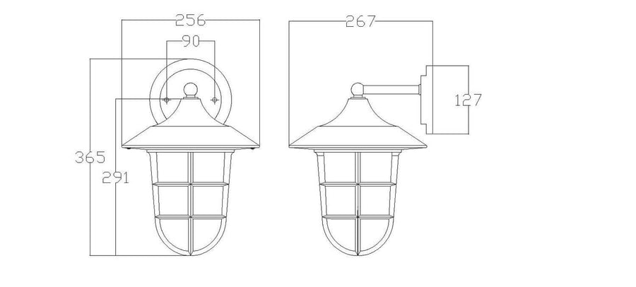 Schéma coté de l'applique vu de face et de profil avec hauteur et profondeur