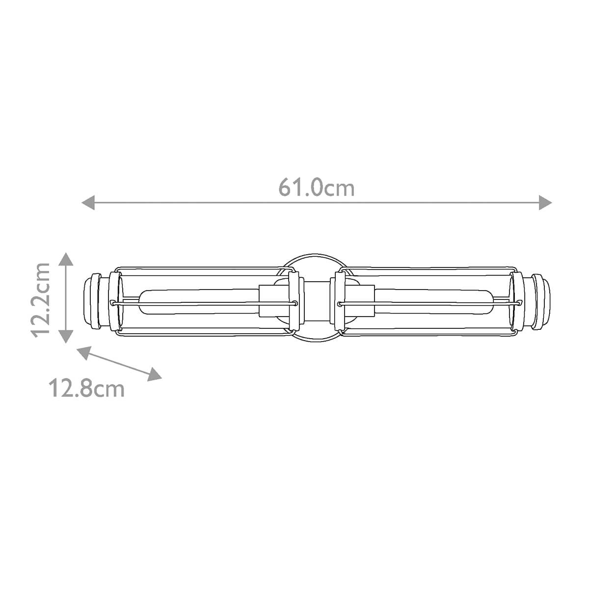 Schéma coté de l'applique : largeur 61 cm, hauteur 12,2 cm, profondeur 12,8 cm.