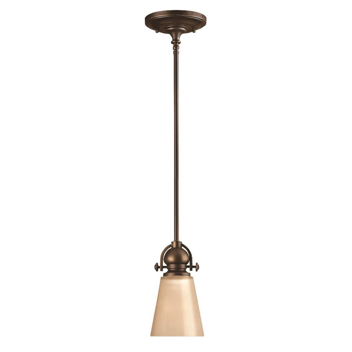 Suspension complète en bronze avec abat-jour en verre conique blanc.