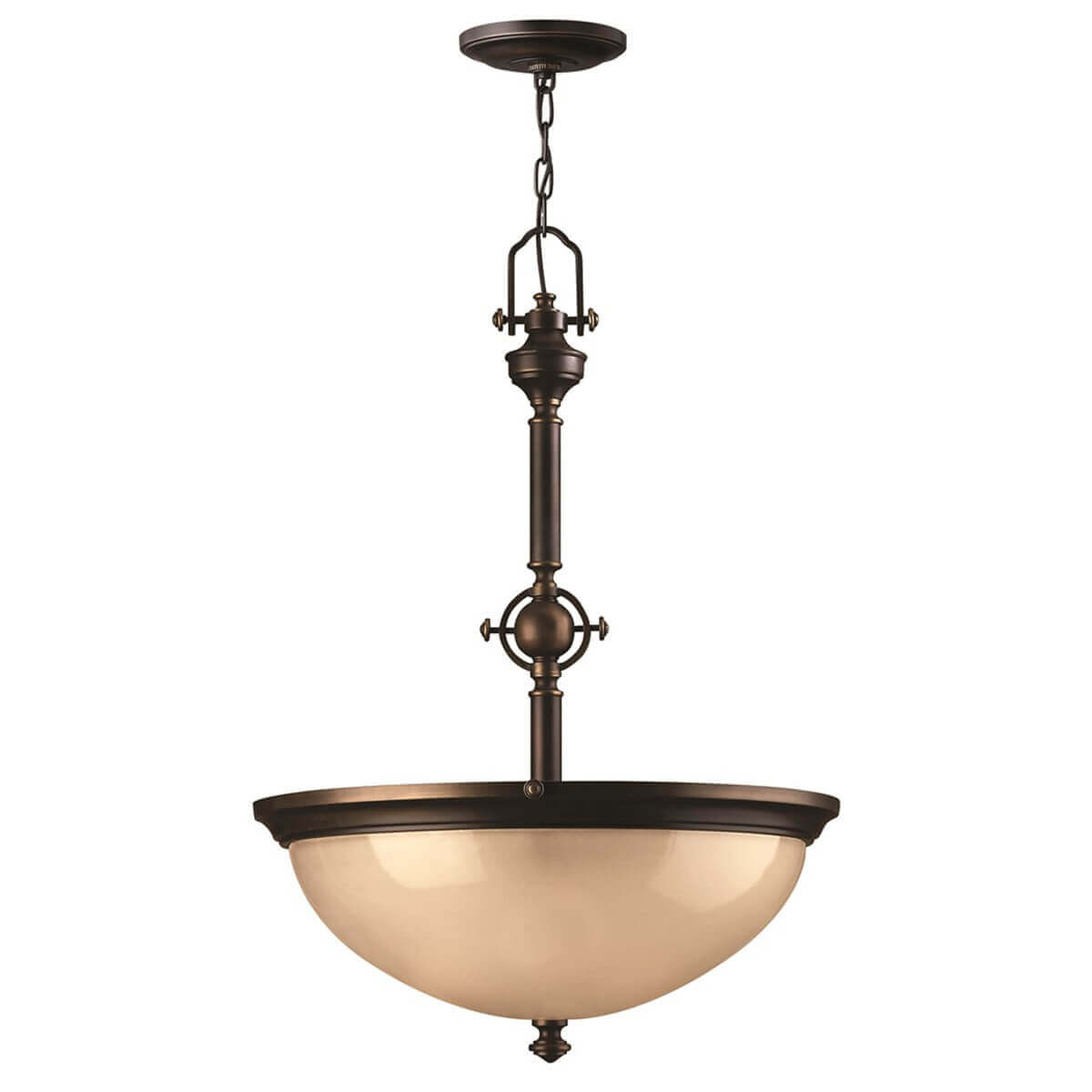 Suspension complète en bronze avec chaîne et bol en verre translucide, vue de face.