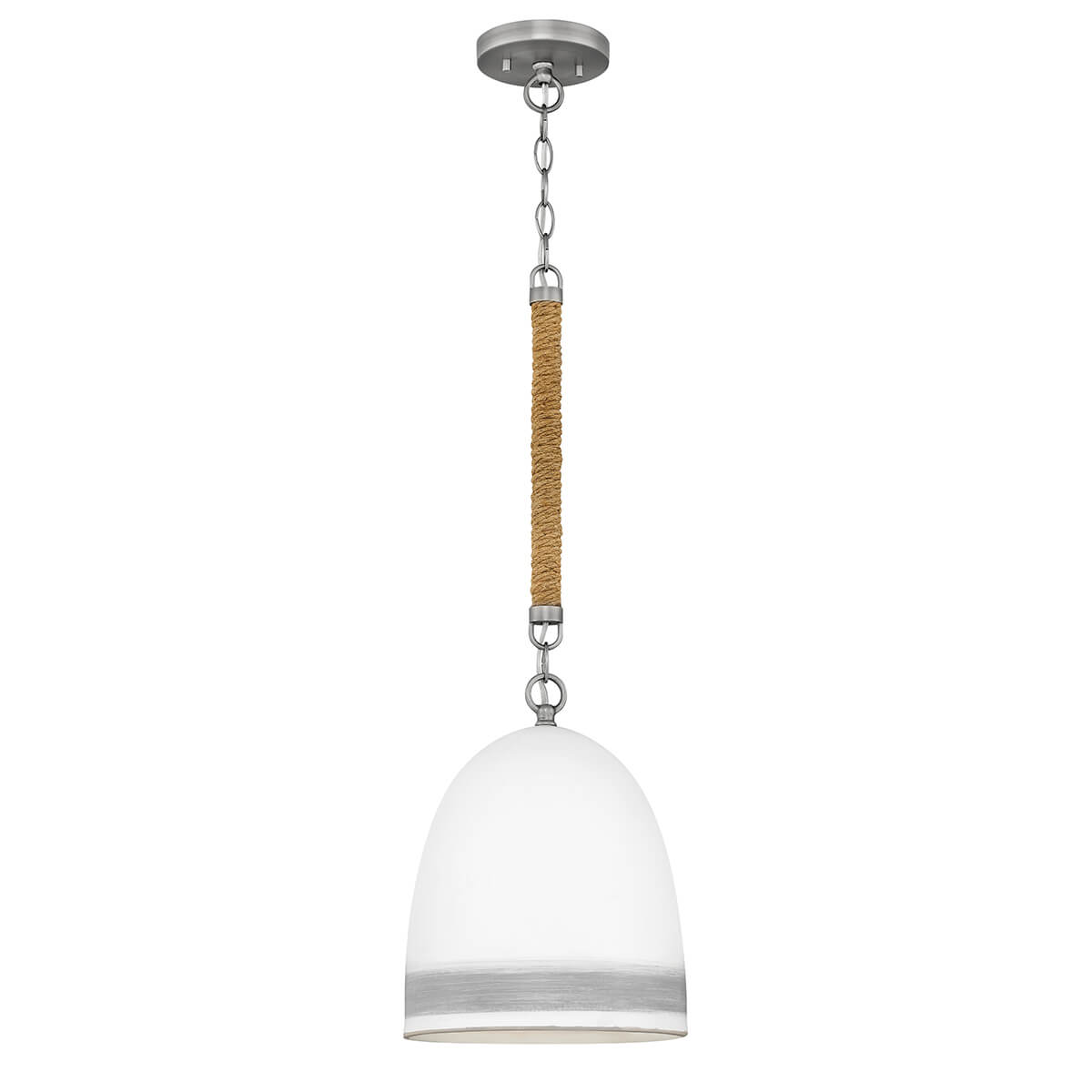 Suspension complète vue de face, abat-jour en verre blanc et corde tressée