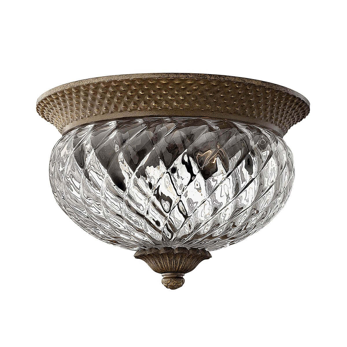 Vue de face du plafonnier rond en verre transparent facetté et bronze