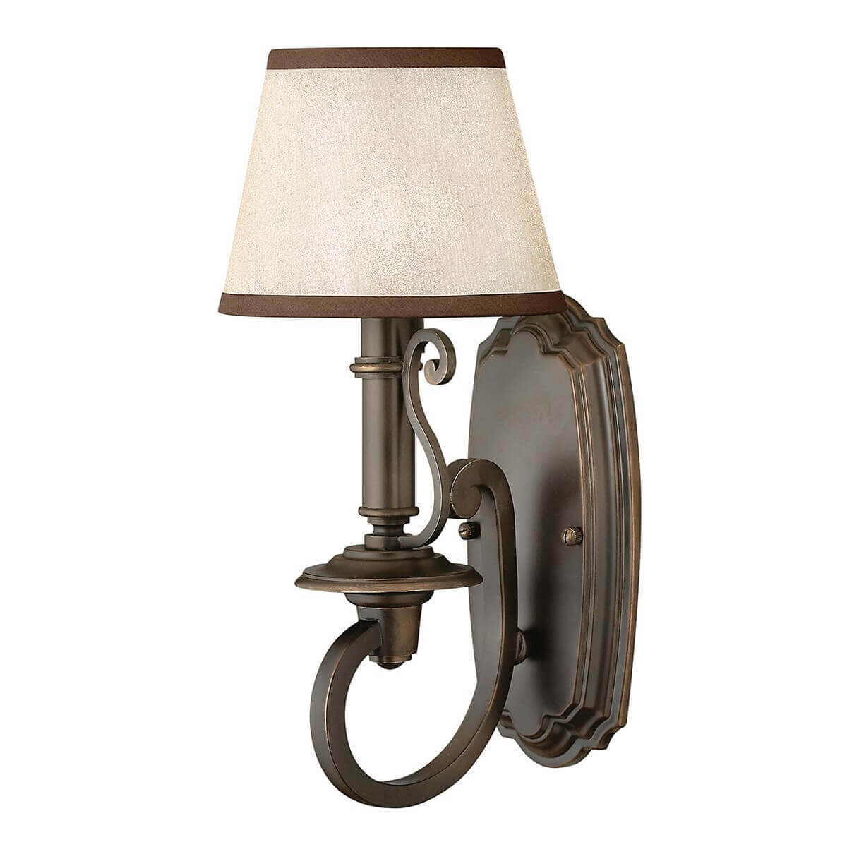 Applique murale en bronze avec abat-jour conique beige et bras recourbé