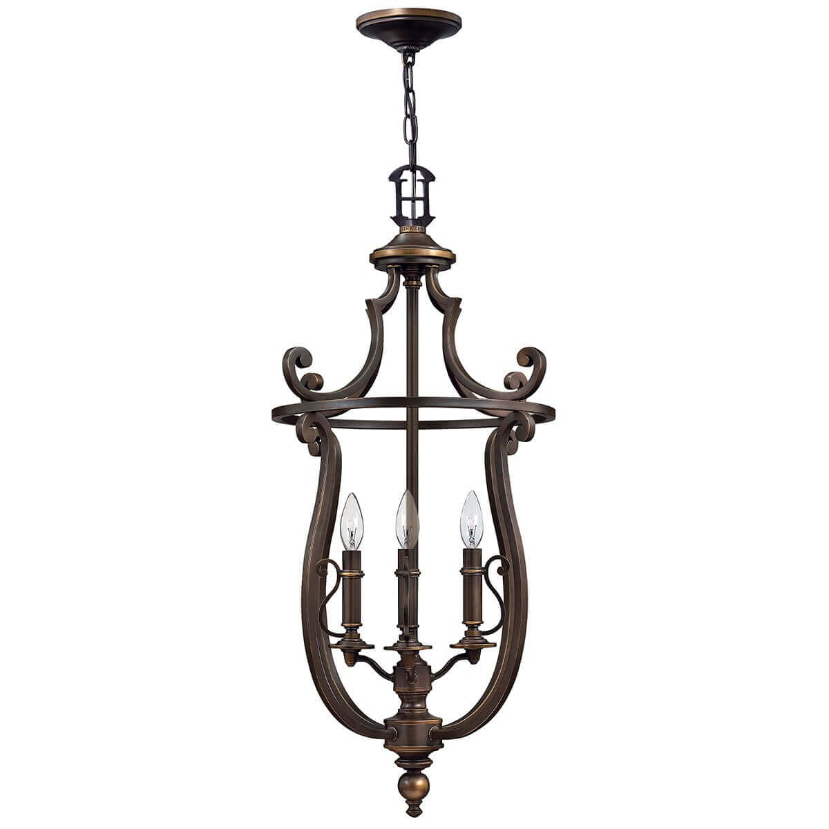 Lustre suspendu en bronze à quatre lumières, vue d'ensemble de face.