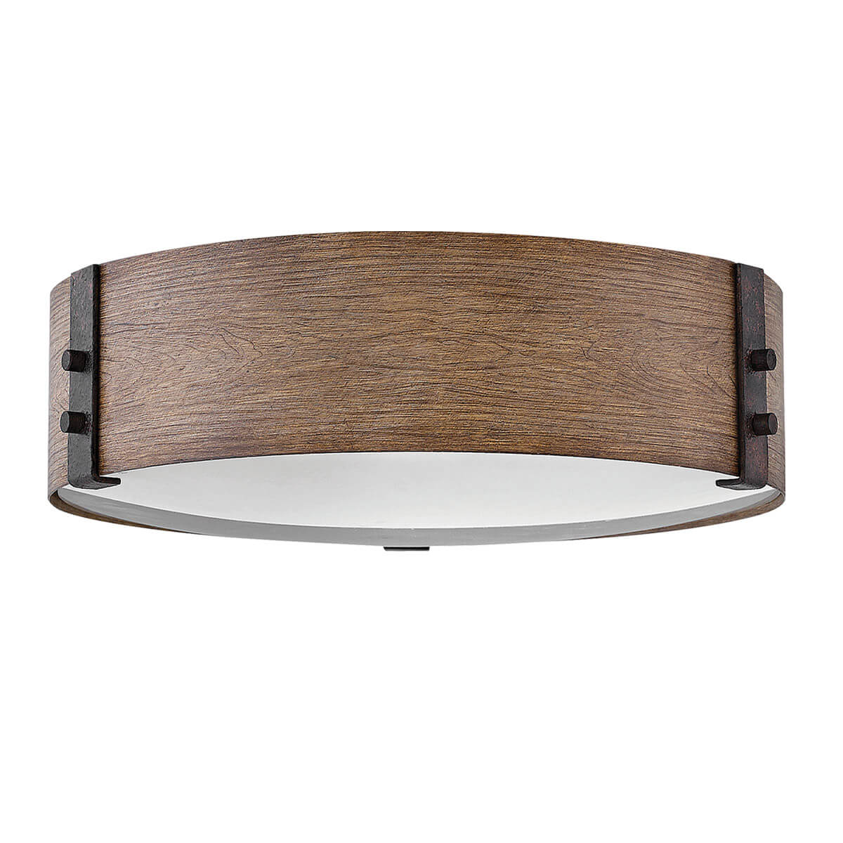 Vue de face du plafonnier rond en bois et métal rouillé sur fond blanc