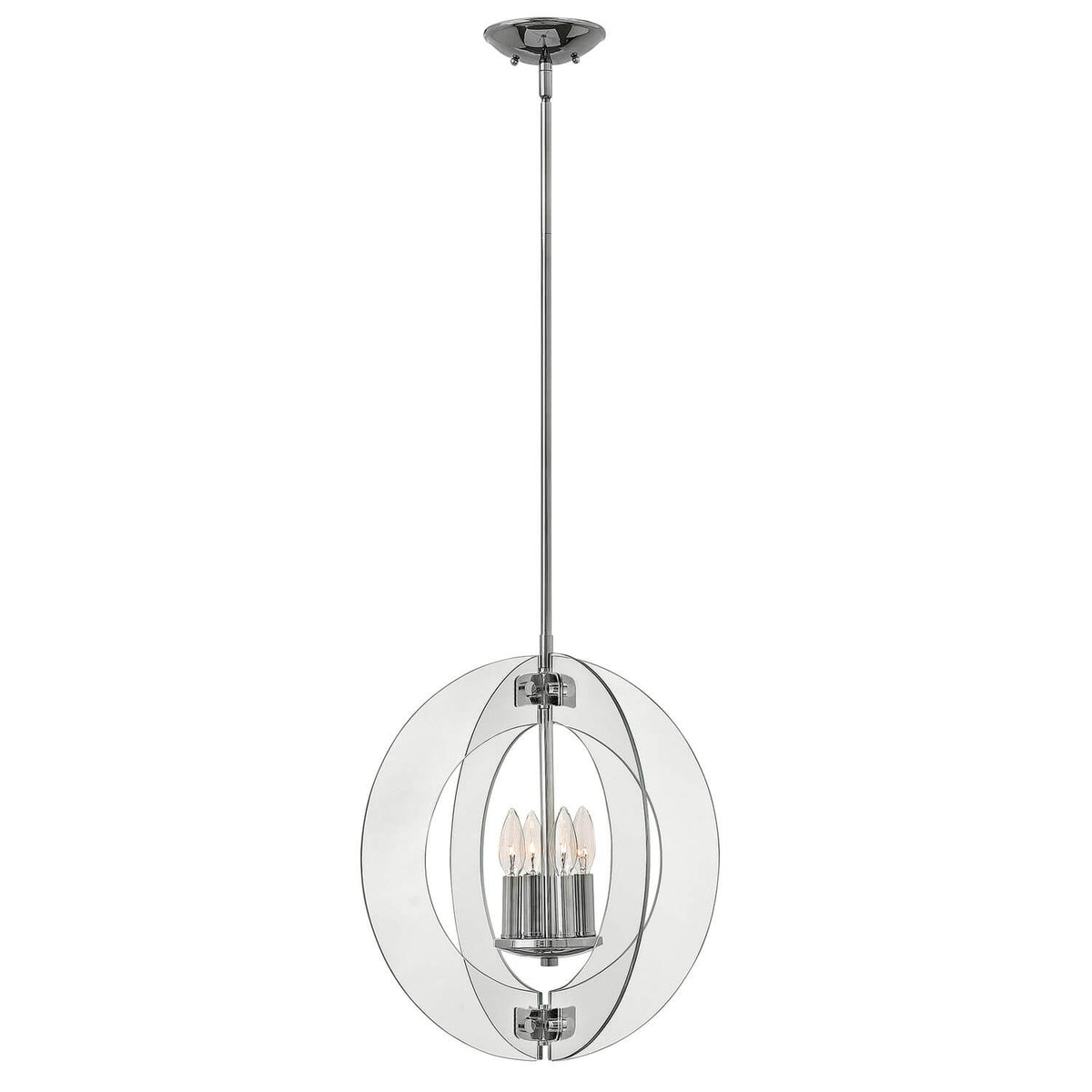 Lustre suspension chromé avec anneaux circulaires concentriques et quatre ampoules visibles de face.