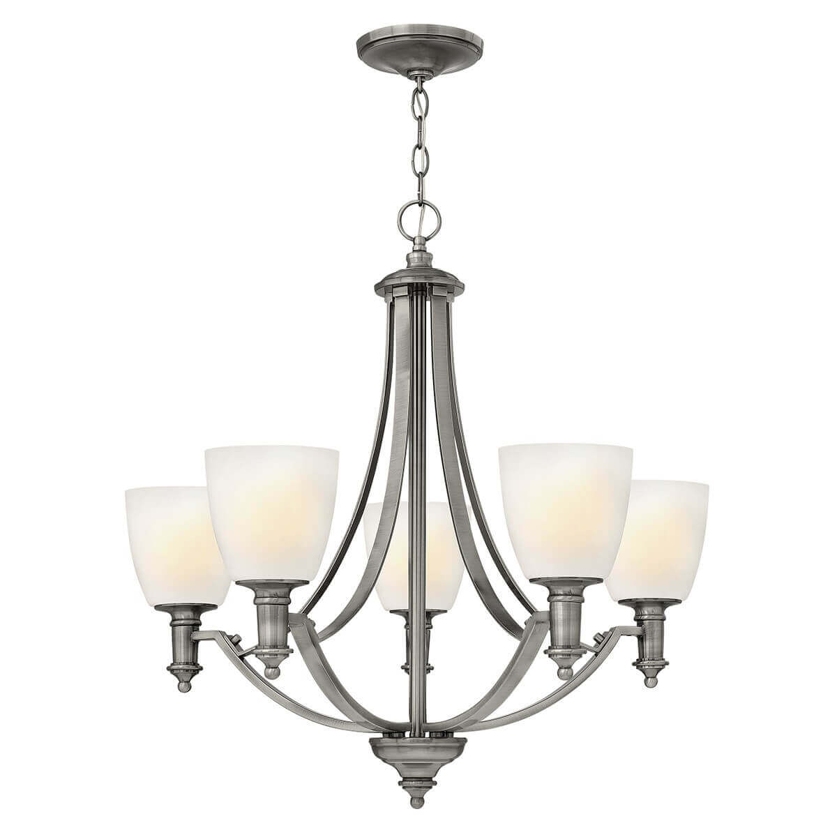 Lustre cinq lumières de face, métal nickel brossé et verres opalins blancs