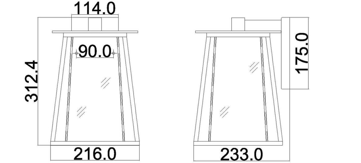 Schéma technique coté de l'applique avec hauteur, largeur et profondeur en millimètres.