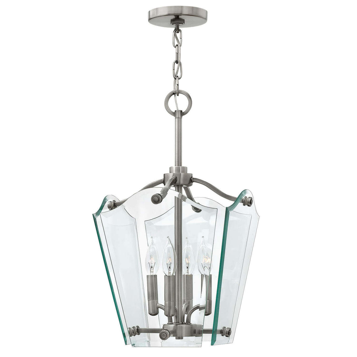 Suspension en nickel avec panneaux de verre transparent et quatre ampoules visibles.