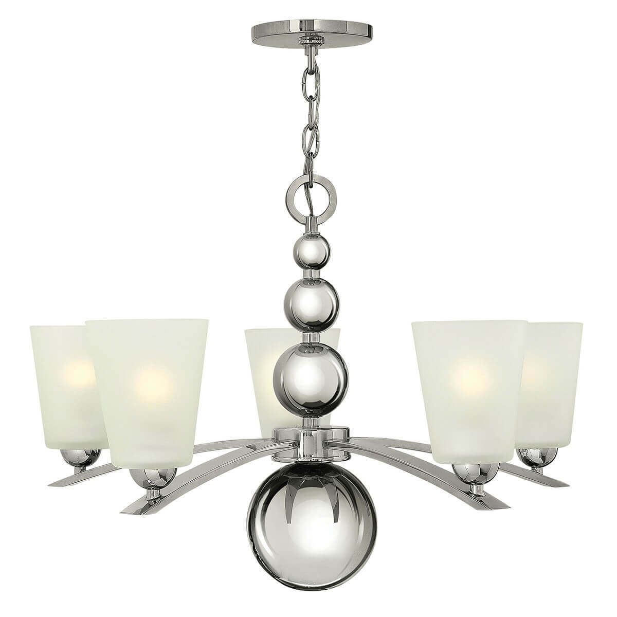 Lustre cinq lumières nickel poli et verre, vue de face produit