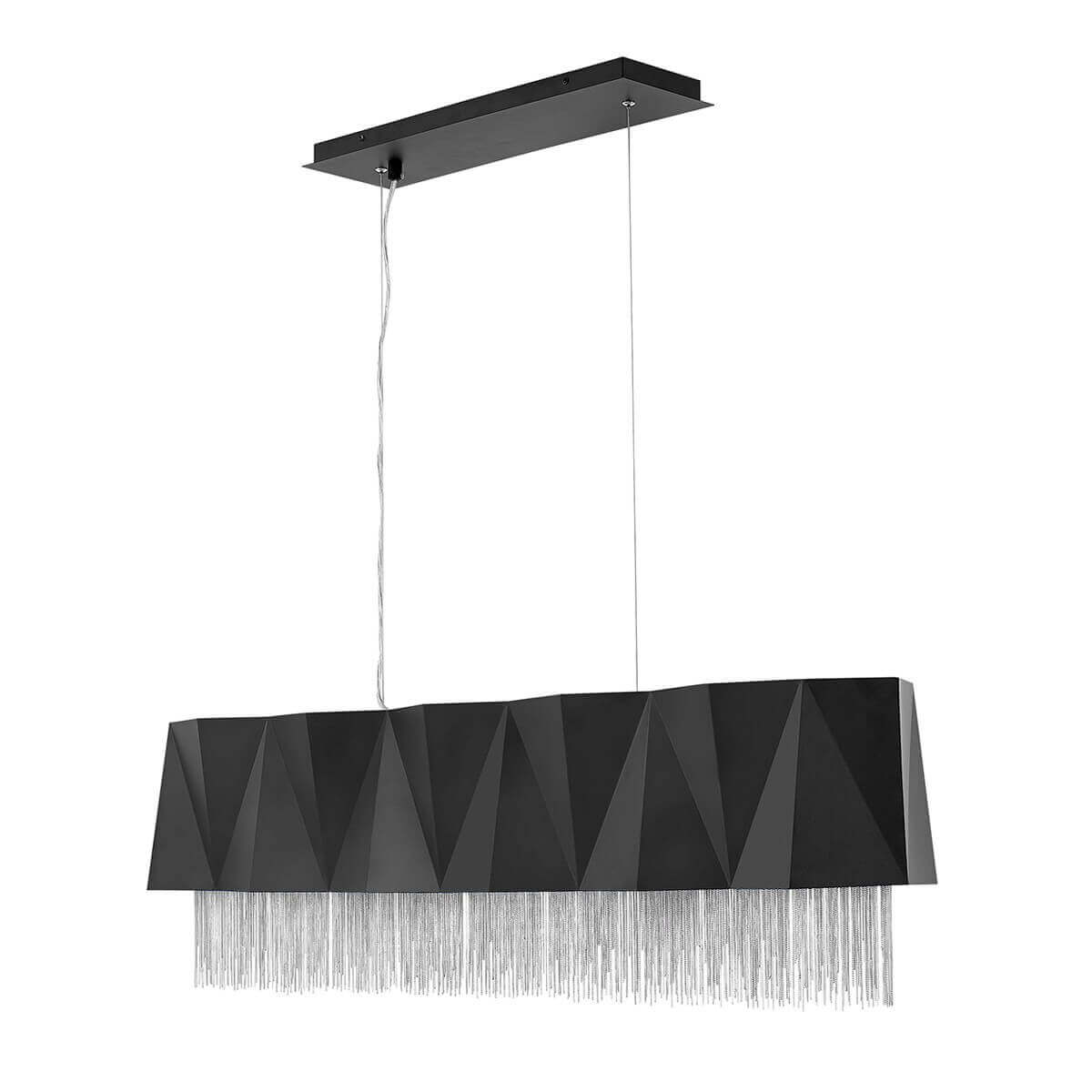 Suspension noire à facettes géométriques et franges argentées, vue de face avec platine plafond
