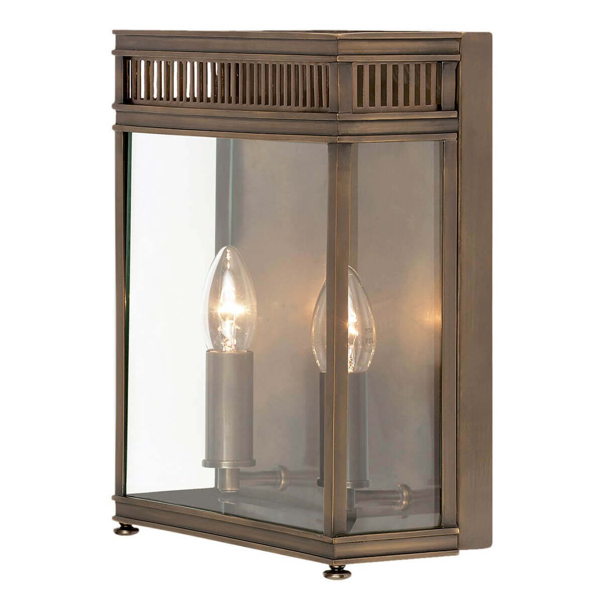 Applique murale extérieure en bronze avec verre transparent, vue de face trois quarts