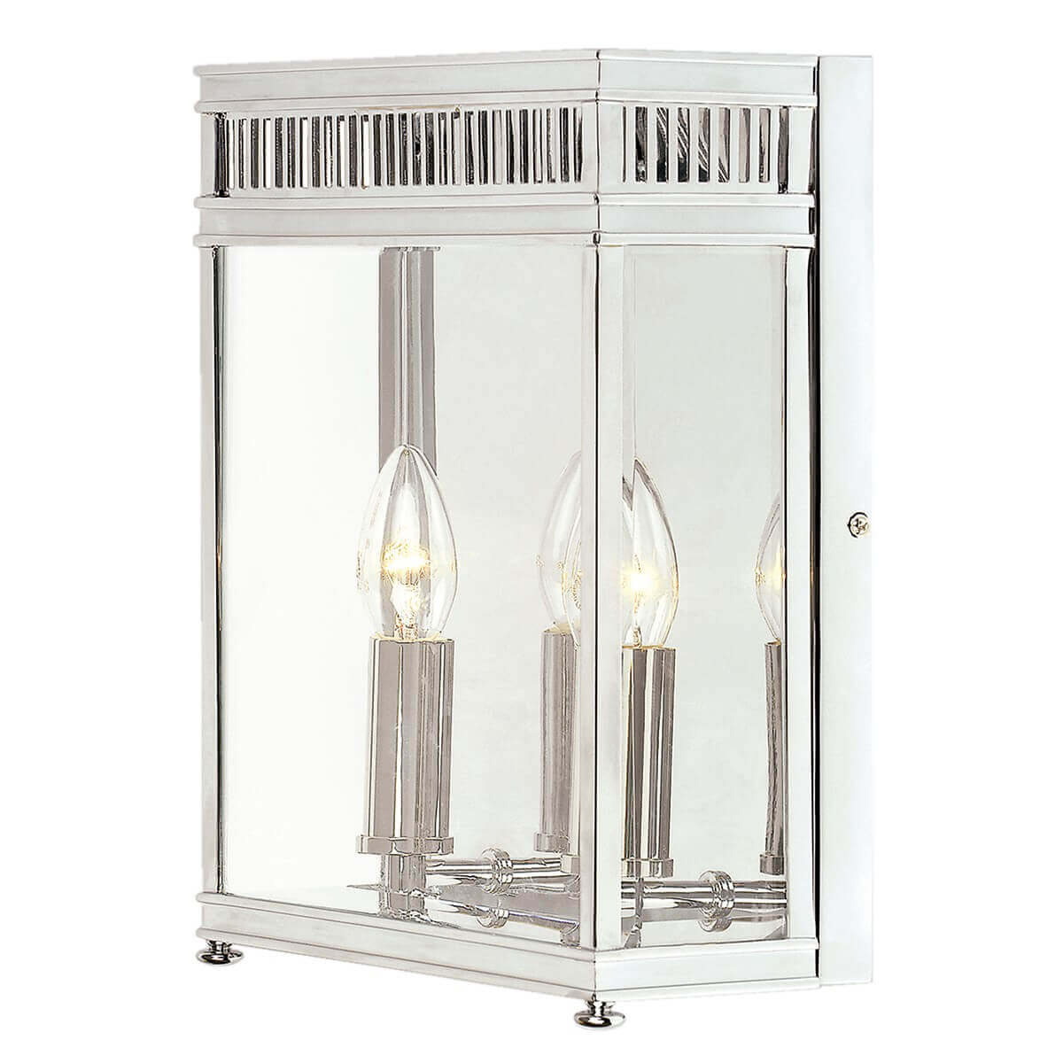 Applique murale chromée à deux lumières avec verre transparent et ampoules allumées.